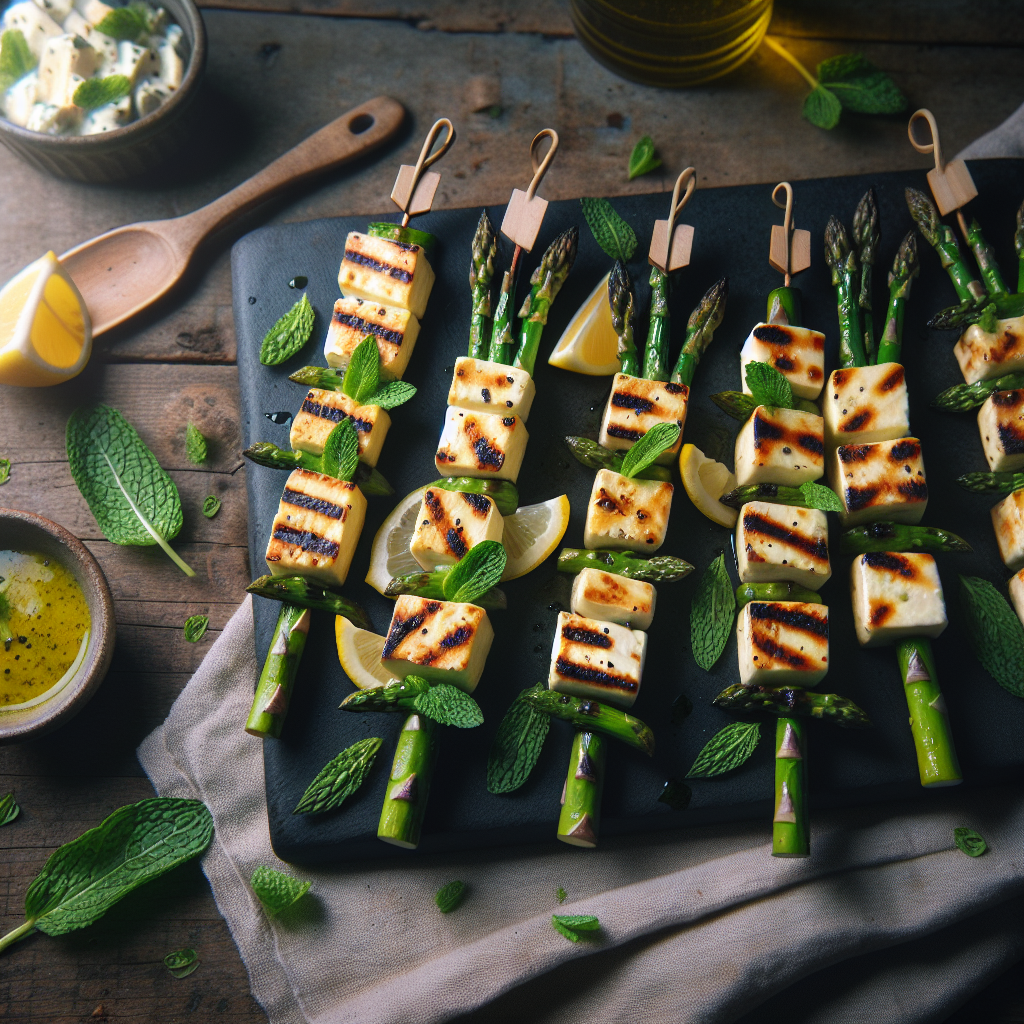Grilled Asparagus and Halloumi Skewers with Lemon-Mint Dressing
