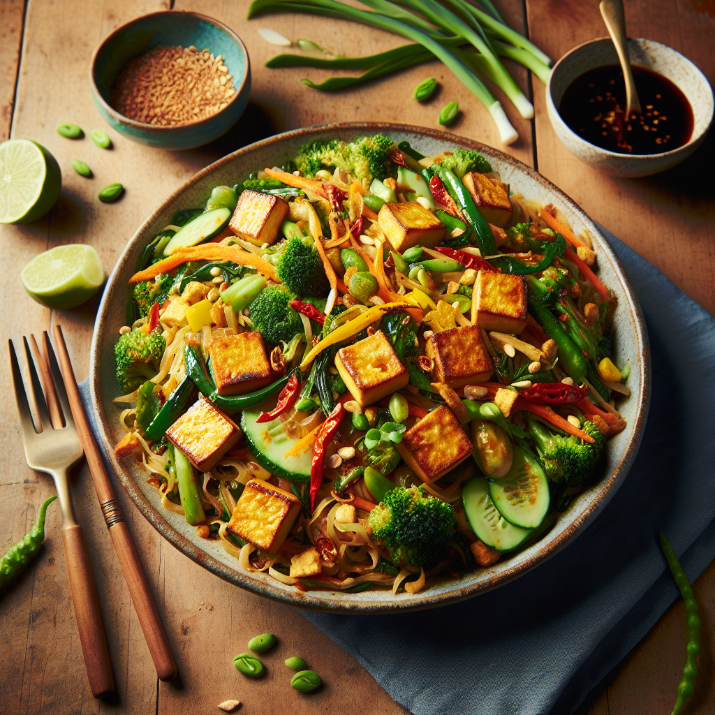 Vårgrønnsaks Pad Thai med sprø tofu og tamarind-saus