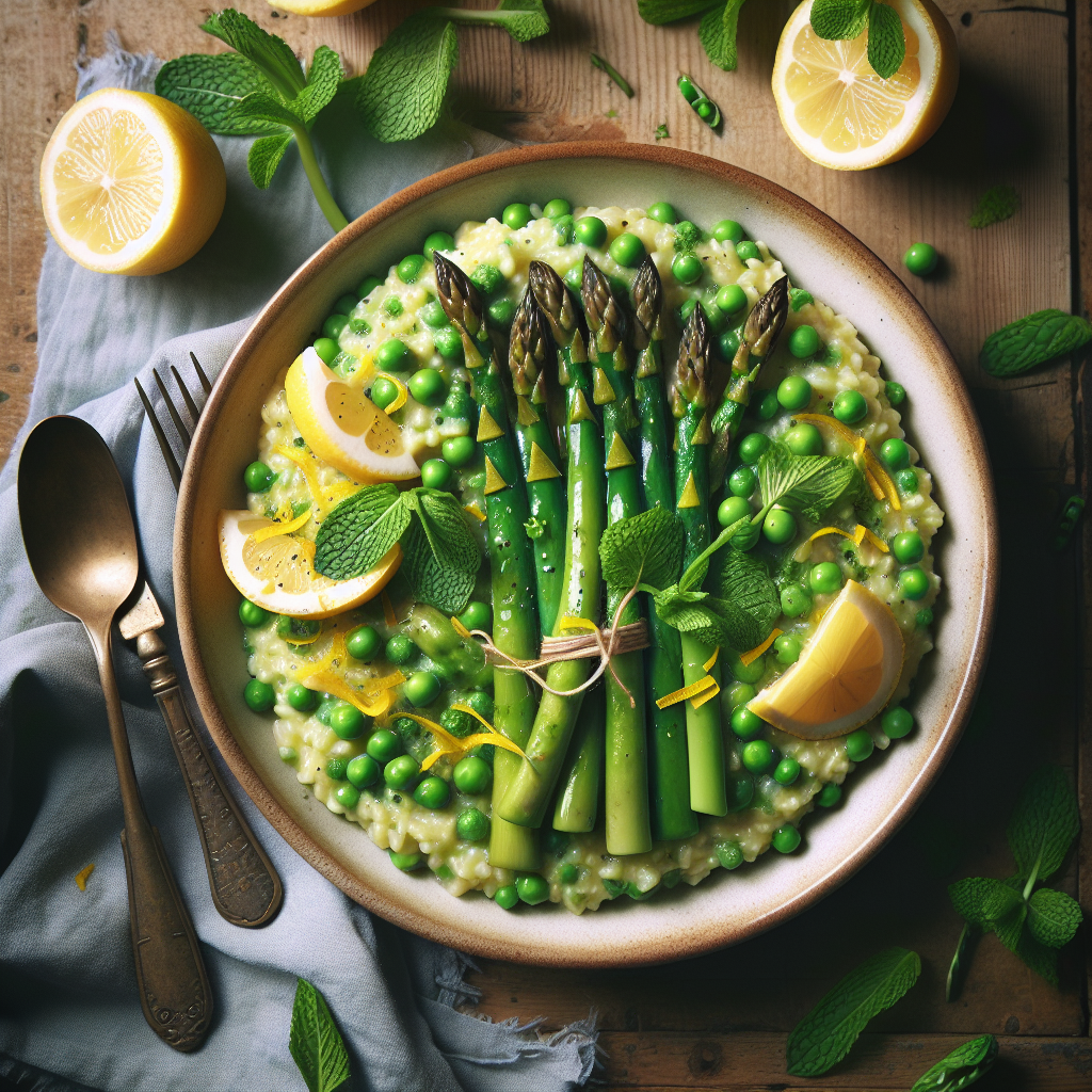 Våraspergeskorpor och ärter Risotto med Citron och Färsk Mynta