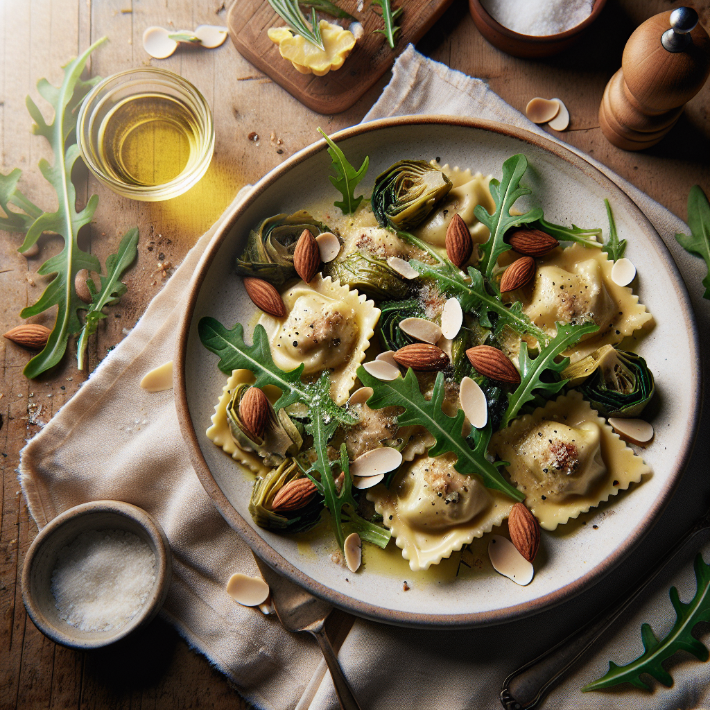Vårravioli med Rucola, Arter och Rostade Mandlar