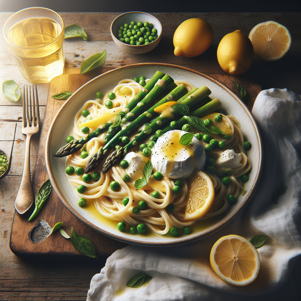 Creamy Lemon Burrata Spring Pasta with Fresh Asparagus and Peas