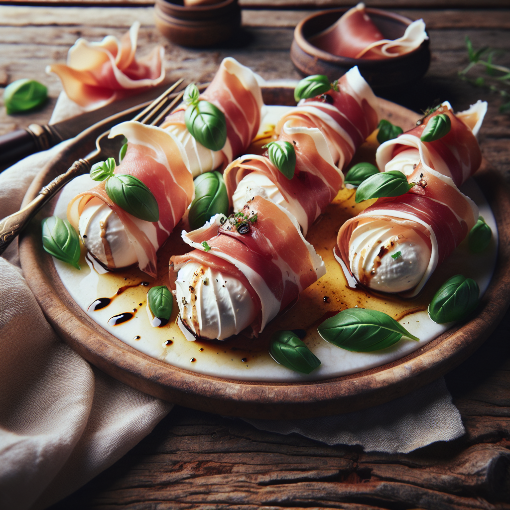 Spring Burrata Prosciutto Roll-Ups with Fresh Basil and Balsamic Glaze