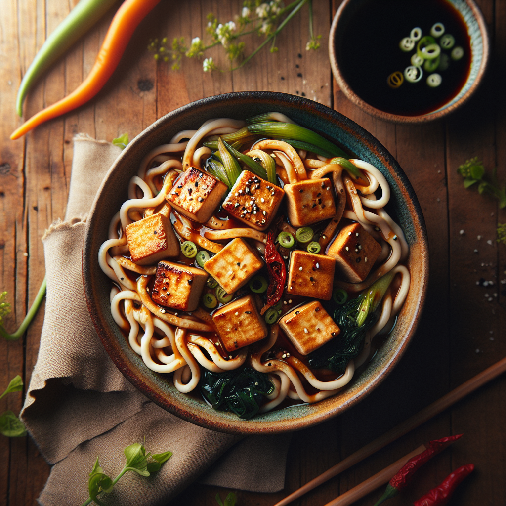 Sprø silkemyk tofu udon med krydret miso-saus