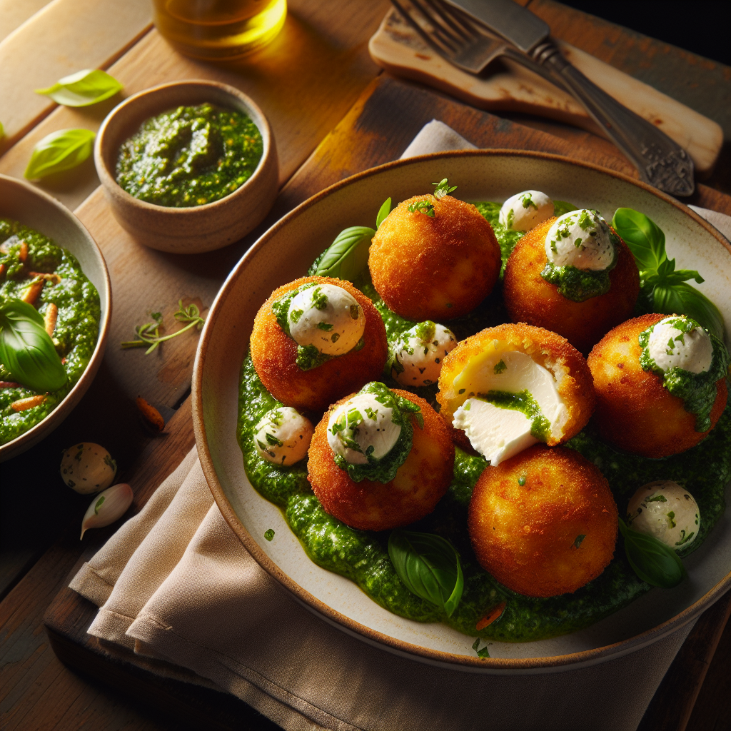 Crispy Burrata Arancini with Spring Wild Herb Pesto