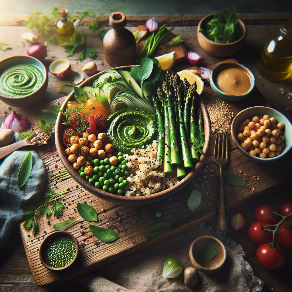 Spring Asparagus Pesto Buddha Bowl with Quinoa and Chickpeas