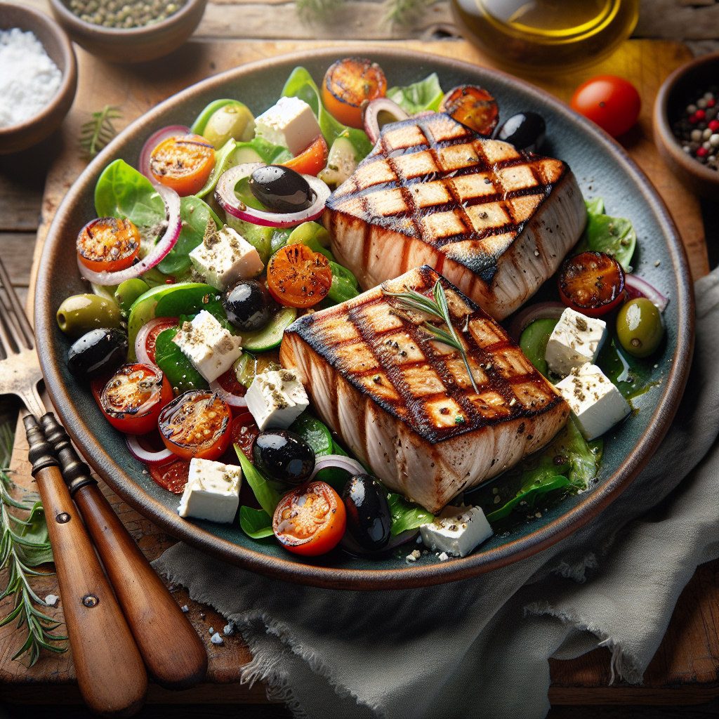 Grilled Swordfish Steaks with Fresh Greek Salad and Lemon Oregano Dressing