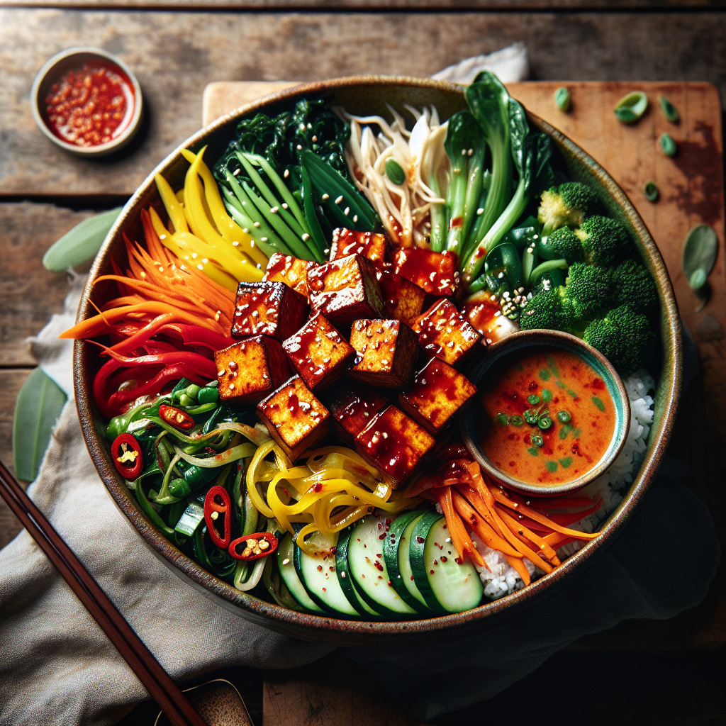Crispy Gochujang Tofu Bibimbap Bowl with Spring Vegetables