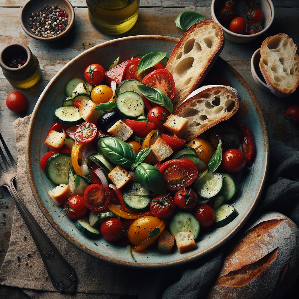 Classic Tuscan Panzanella Spring Salad with Fresh Vegetables