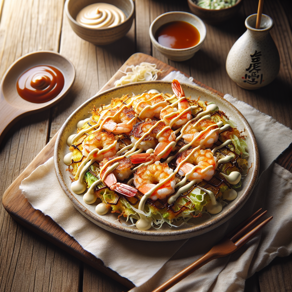 Crispy Shrimp Okonomiyaki with Kewpie Mayo Drizzle