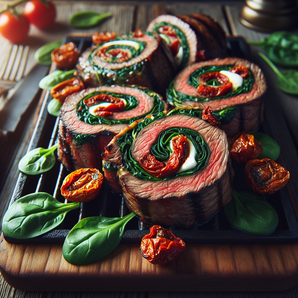 Grilled Steak Pinwheels with Spinach and Sun-Dried Tomato Stuffing