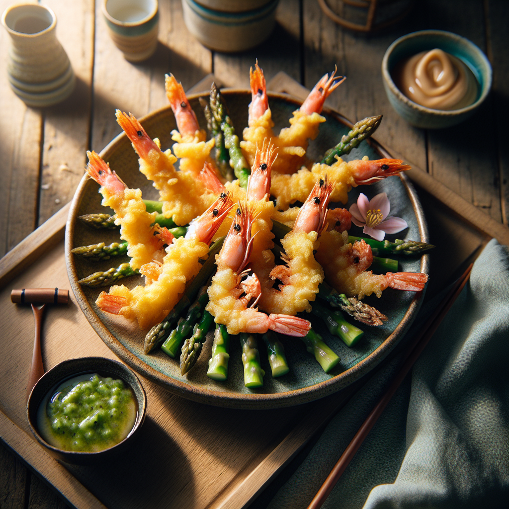 Crispy Sakura Shrimp and Asparagus Tempura with Tentsuyu Dipping Sauce