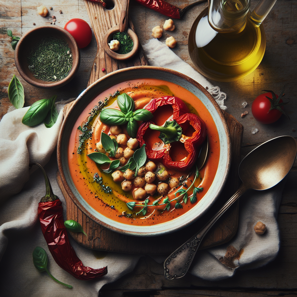 Creamy Roasted Red Pepper and Chickpea Soup with Fresh Herbs