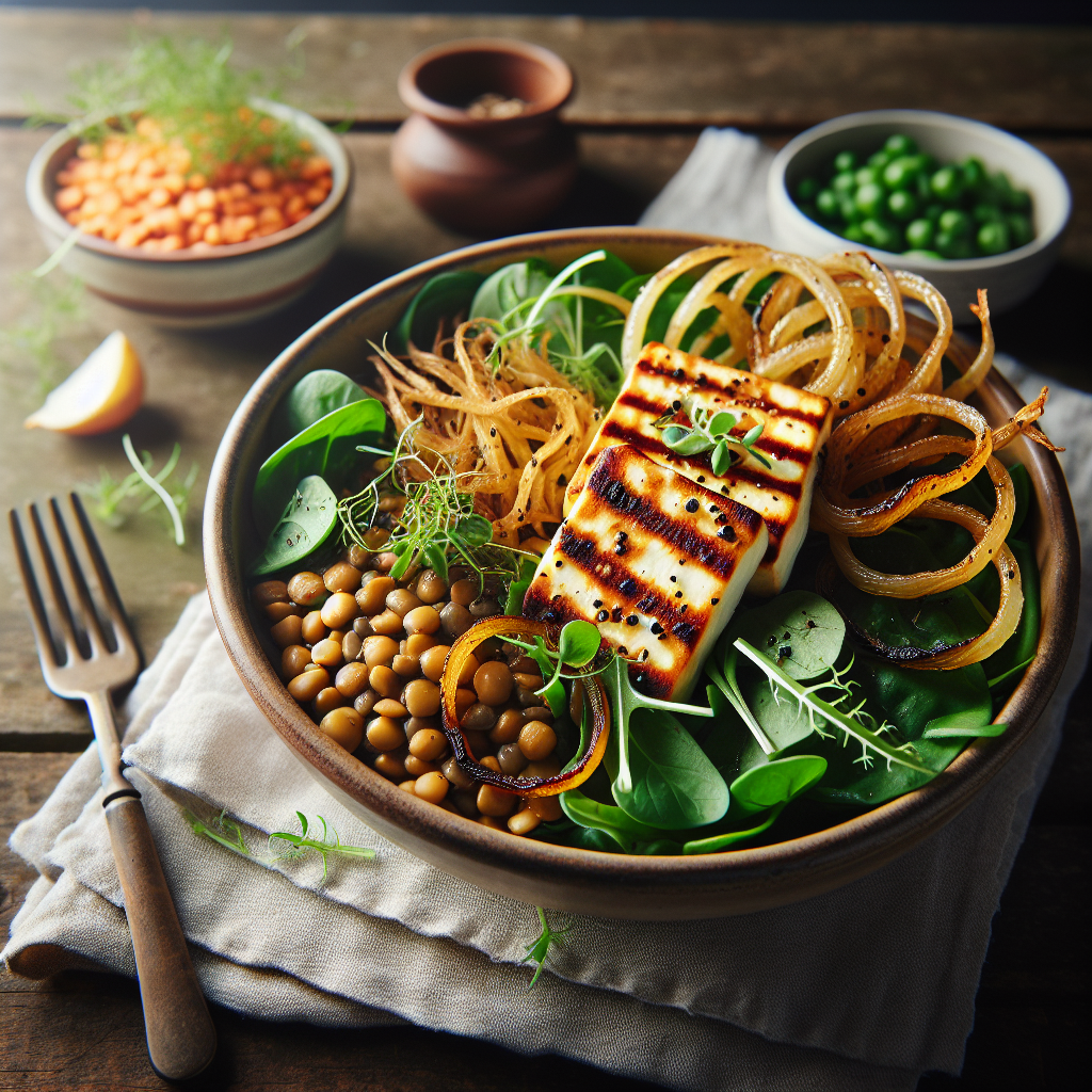 Crispy Halloumi Lentil Bowl with Caramelized Onions and Spring Herbs