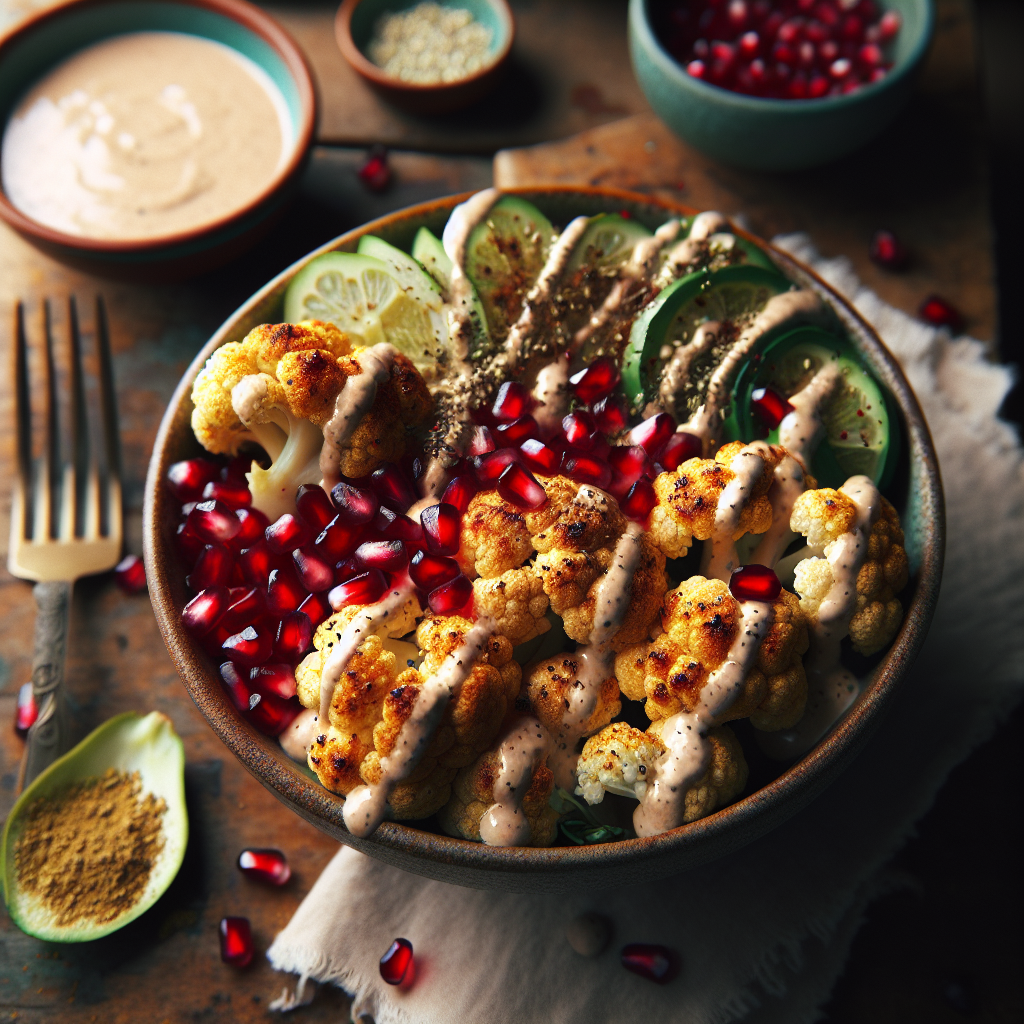 Roasted Cauliflower Shawarma Bowl with Pomegranate and Tahini Drizzle