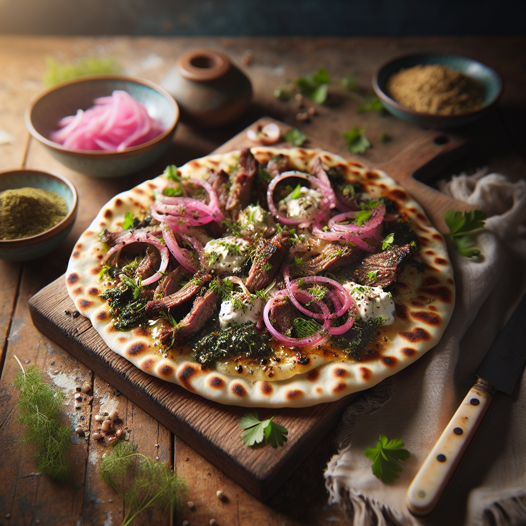 Za'atar Crusted Spring Lamb Flatbread with Fresh Herbs and Pickled Onions