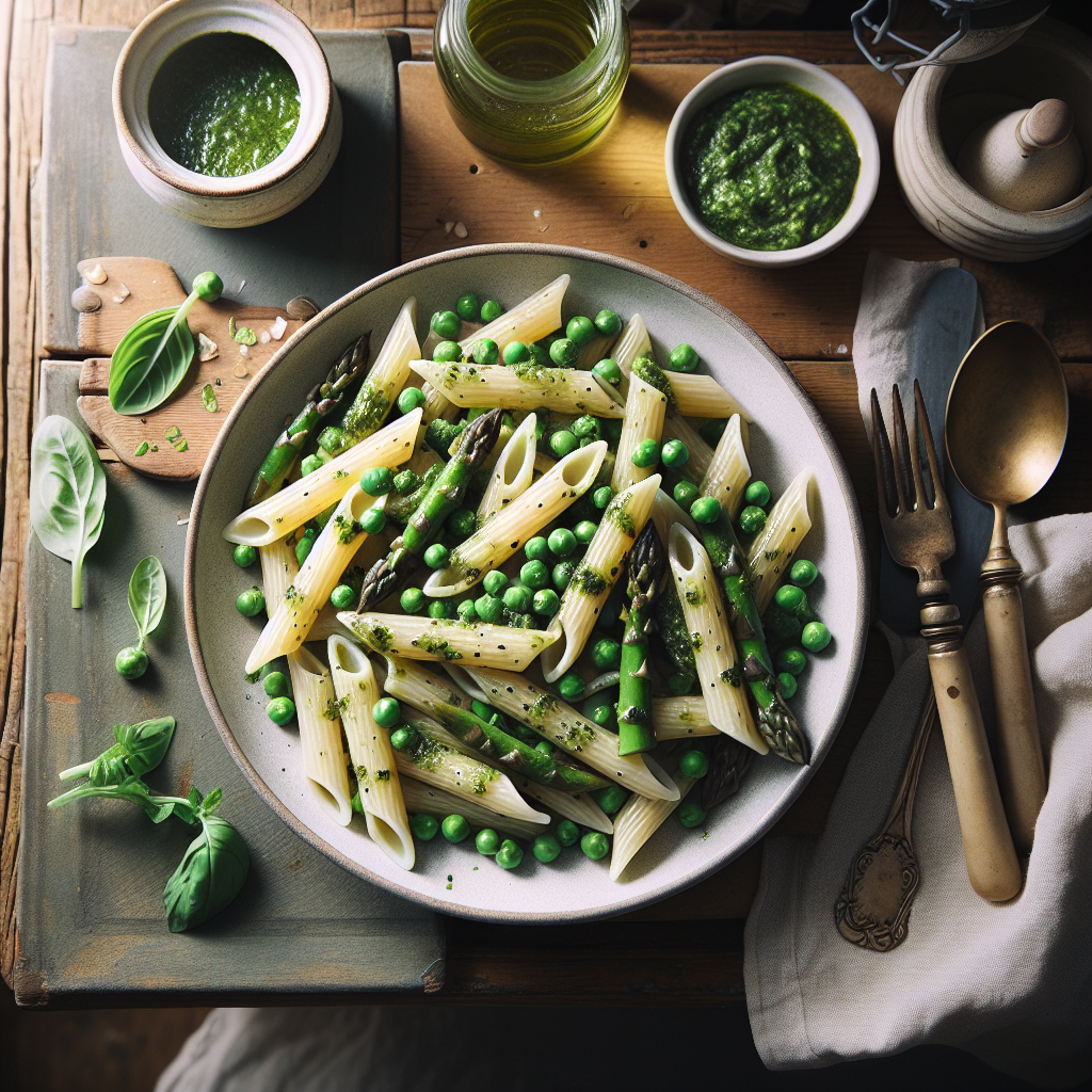 Spring Pesto Penne Pasta with Fresh Asparagus and Peas