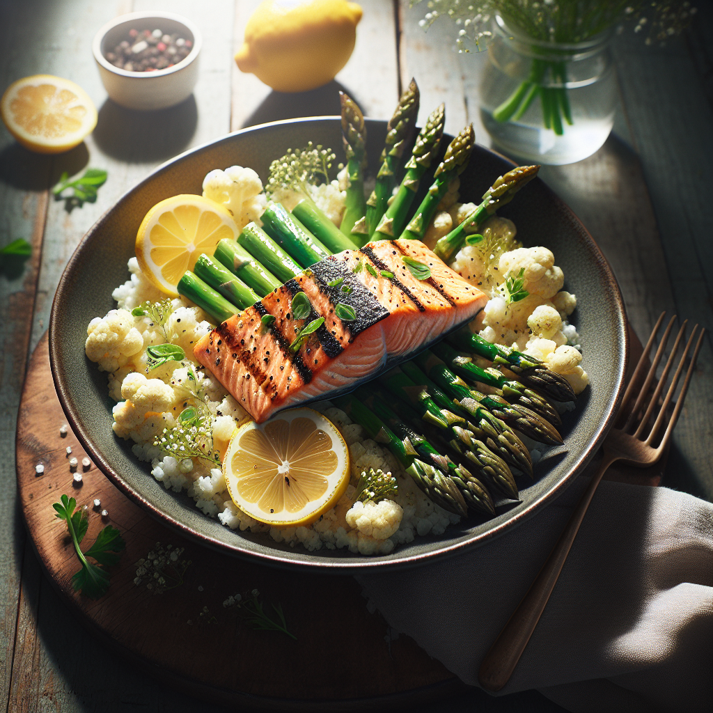 Lemon Herb Asparagus and Salmon Bowl with Cauliflower Rice