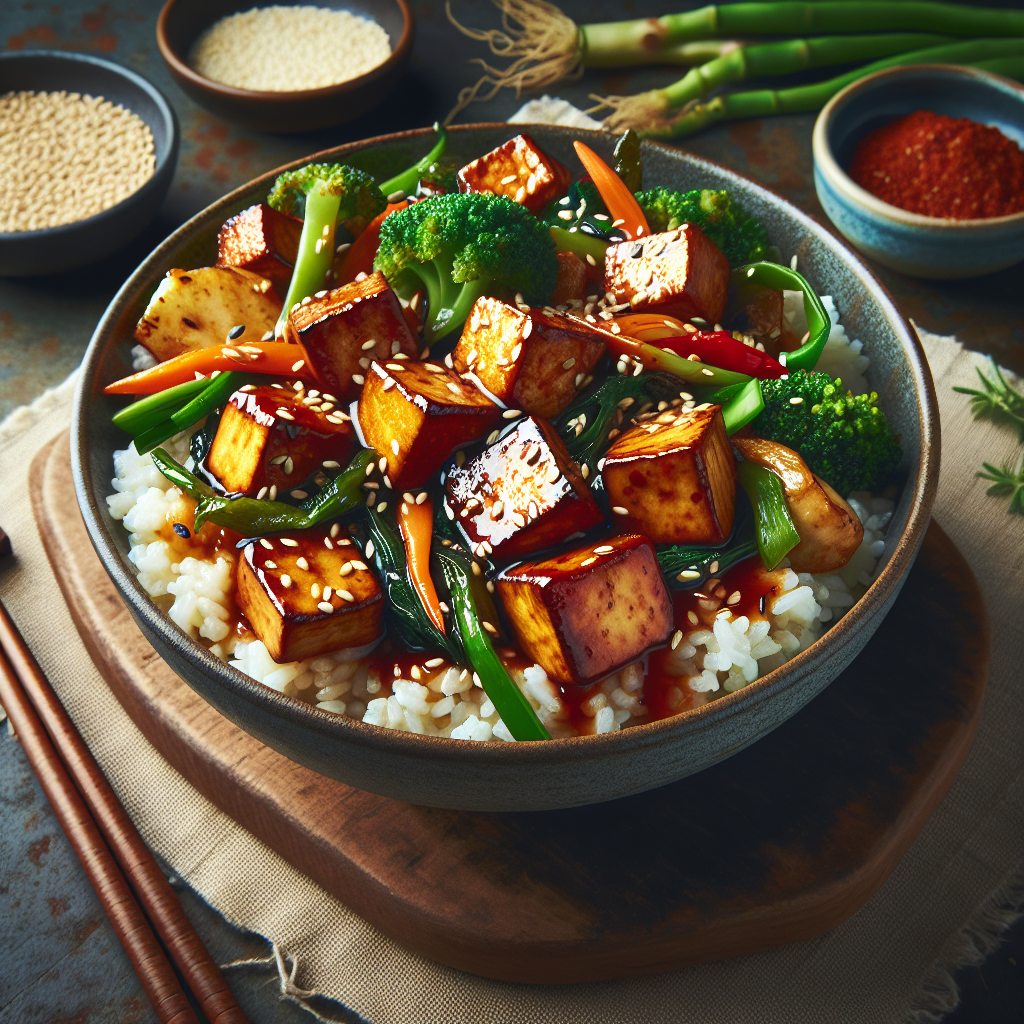 Gochujang Glazed Tofu Bowl with Spring Vegetables and Sesame Rice