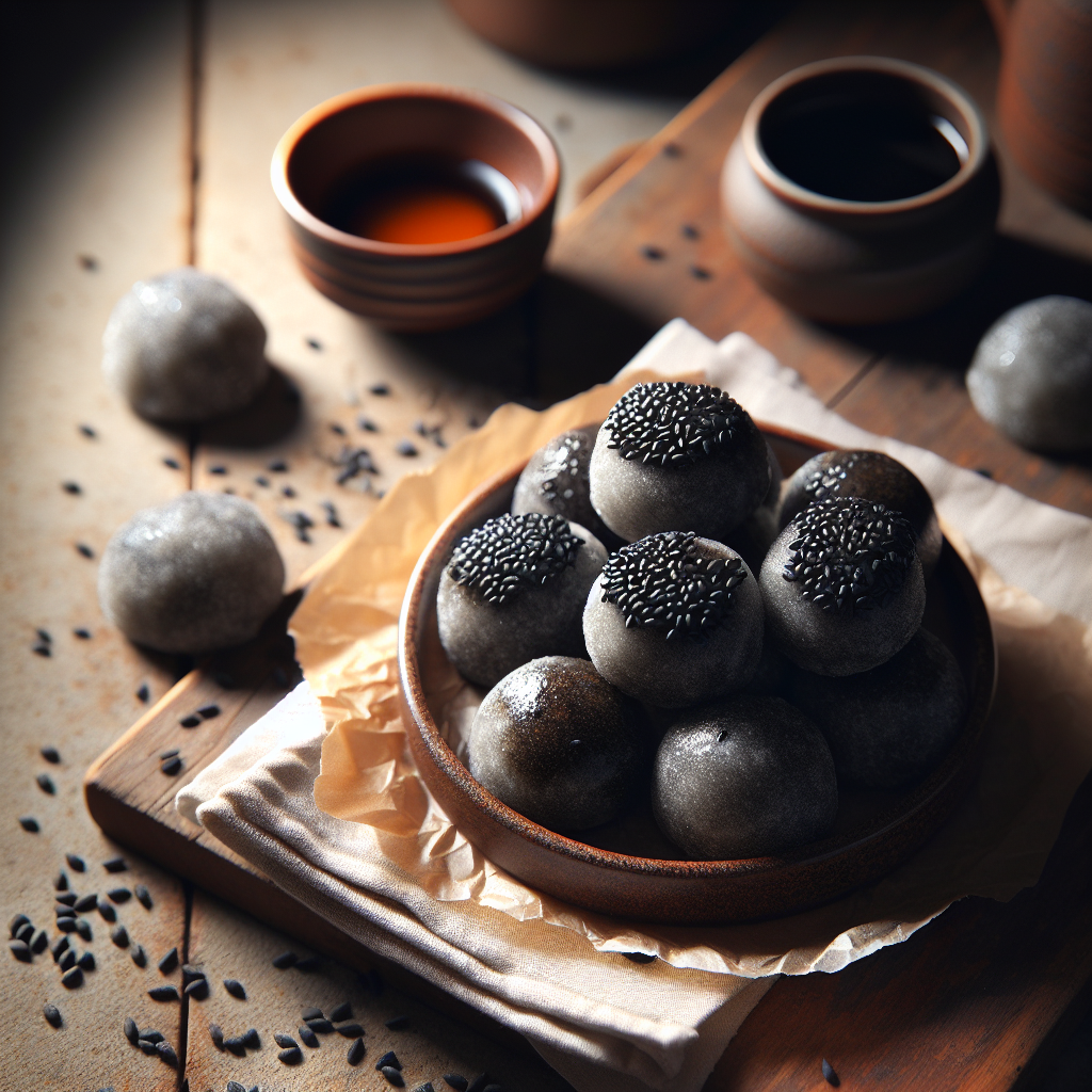Hjemmelaget svart sesamsmochi med søt fylling