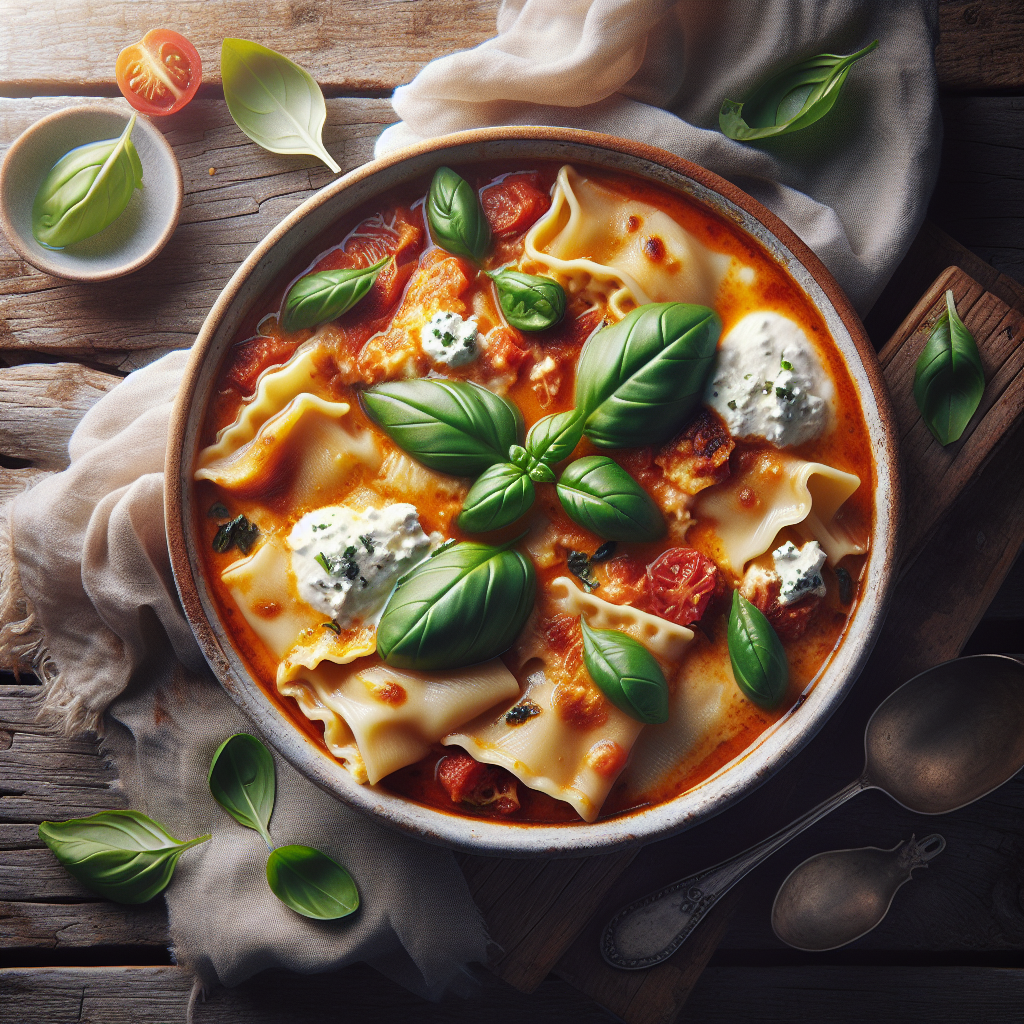 Creamy Spring Lasagna Soup with Fresh Basil and Ricotta