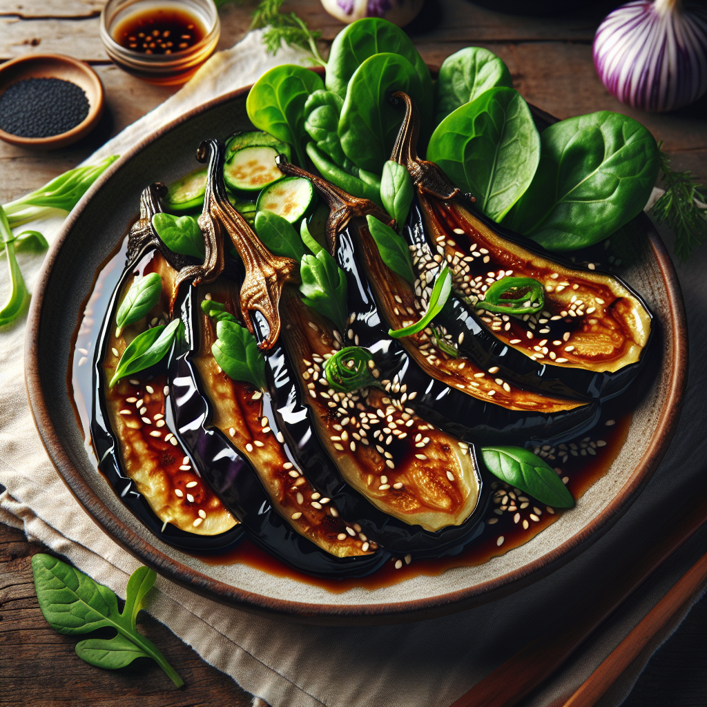 Svart Sesamsmiso Glasert Aubergine med Vårgrønnsaker