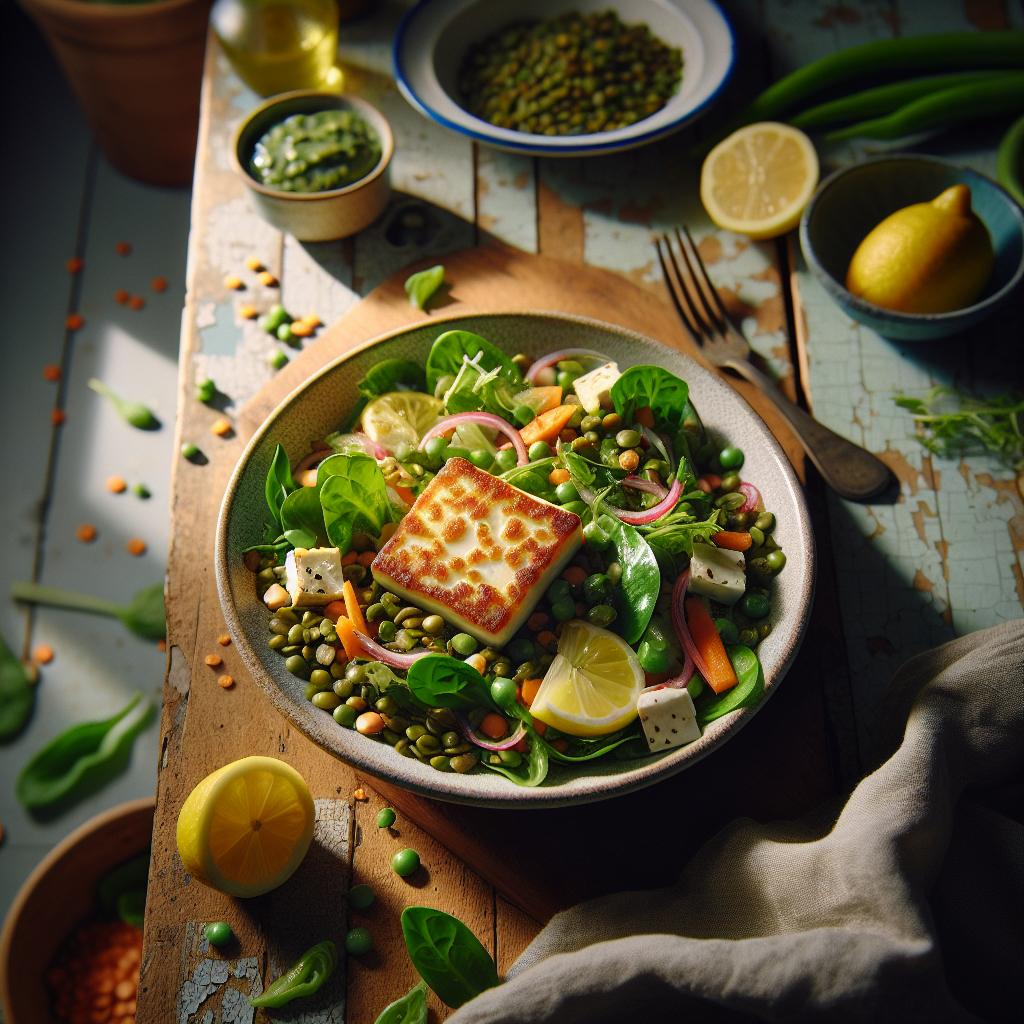Spring Lentil Salad with Crispy Pan-Fried Halloumi and Lemon Herb Dressing