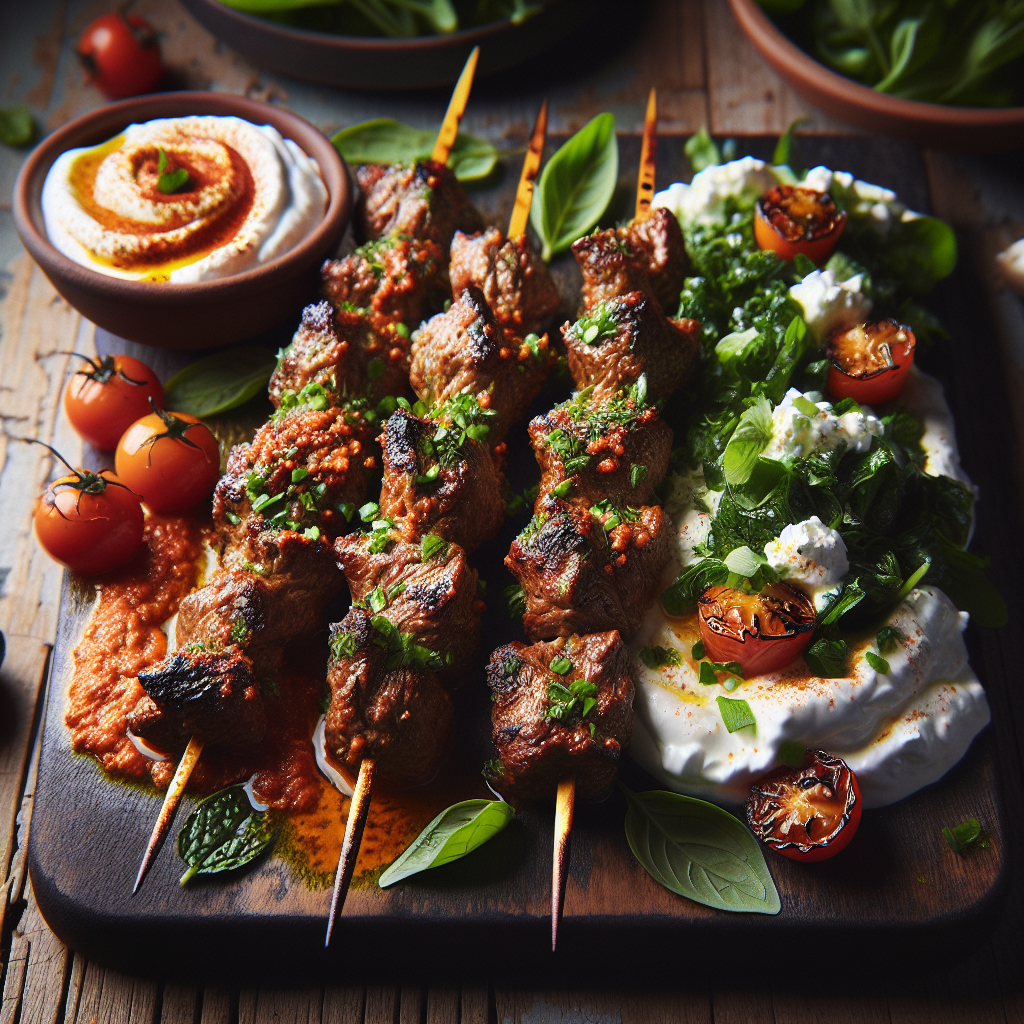 Spiced Harissa Lamb Skewers with Creamy Labneh and Fresh Herb Salad