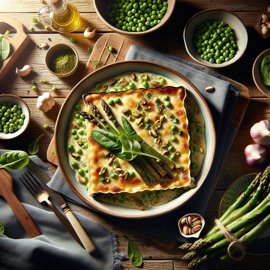 Creamy Pistachio Béchamel Lasagna with Spring Vegetables