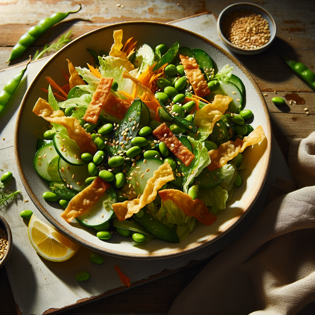 Yuzu Sesame Edamame Hakket Salat med Sprø Wonton-strimler