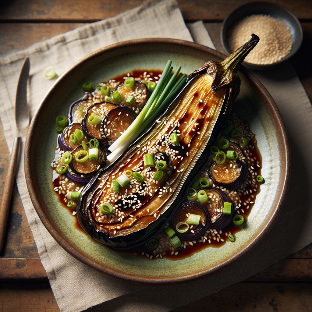 Miso-glasert aubergine med sesamfrø og vårløk