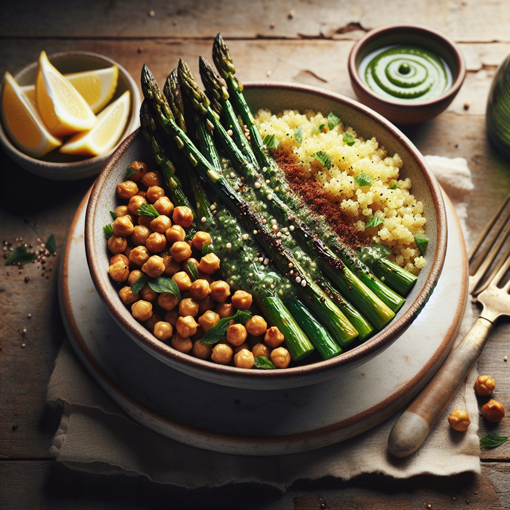 Za'atar Roasted Asparagus Bowl med Sitron Quinoa og Sprø Kikerter