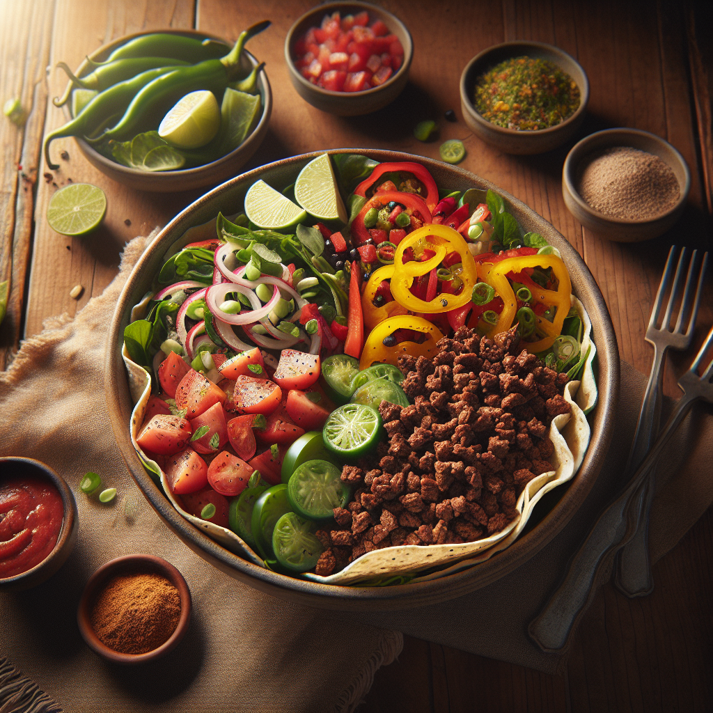 Frisk vår-taco salatbolle med krydret mexicansk kjøttdeig