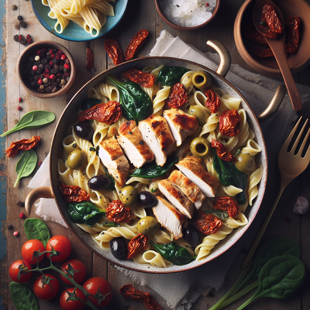 En Gryte Kremete Middelhavspa med Kylling og Soltørkede Tomater