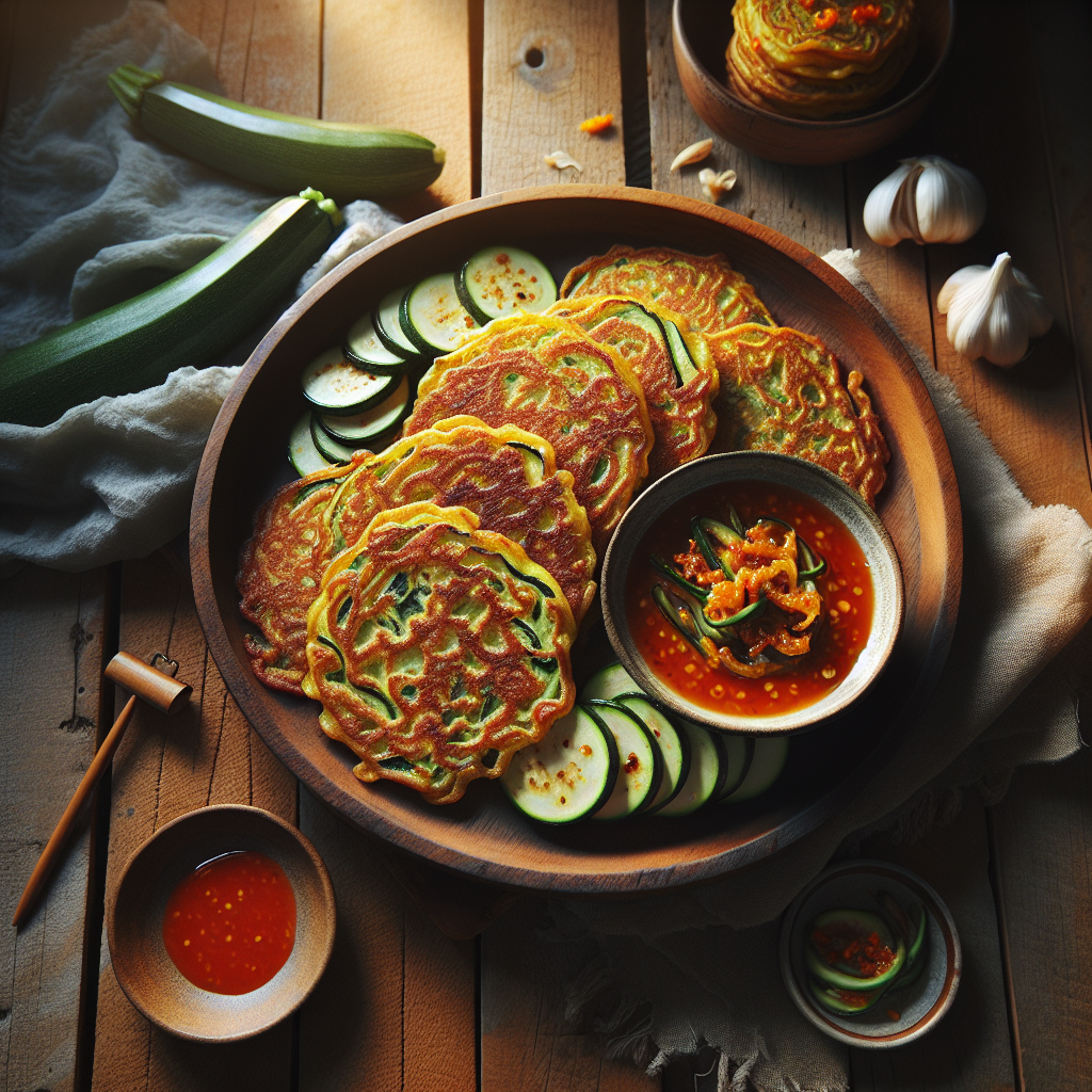 Crispy Korean-Style Zucchini Pancakes with Spicy Garlic Dipping Sauce