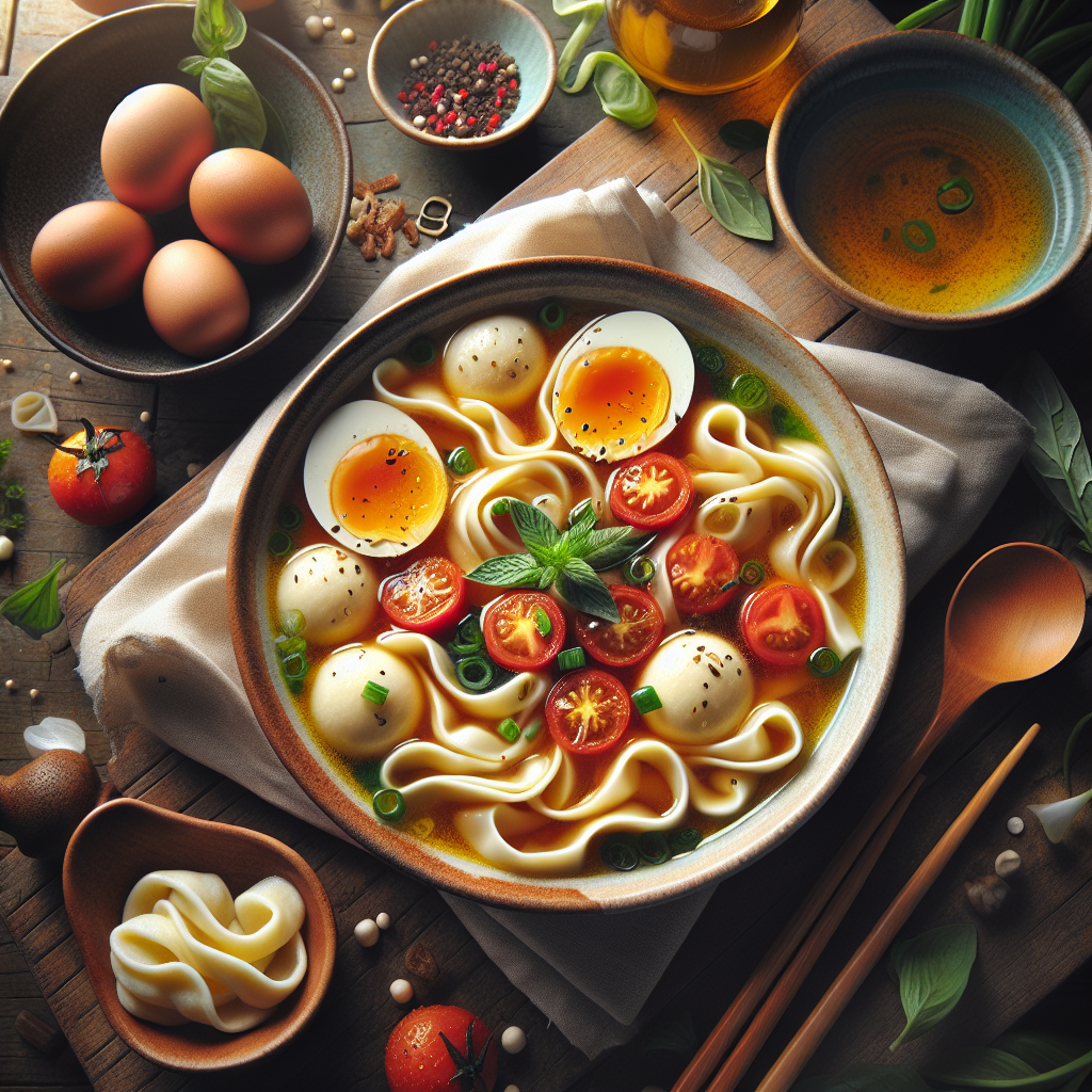 Kinesisk Æg- og Tomatsuppe med Håndrevet Dej og Friske Forårskruyderi