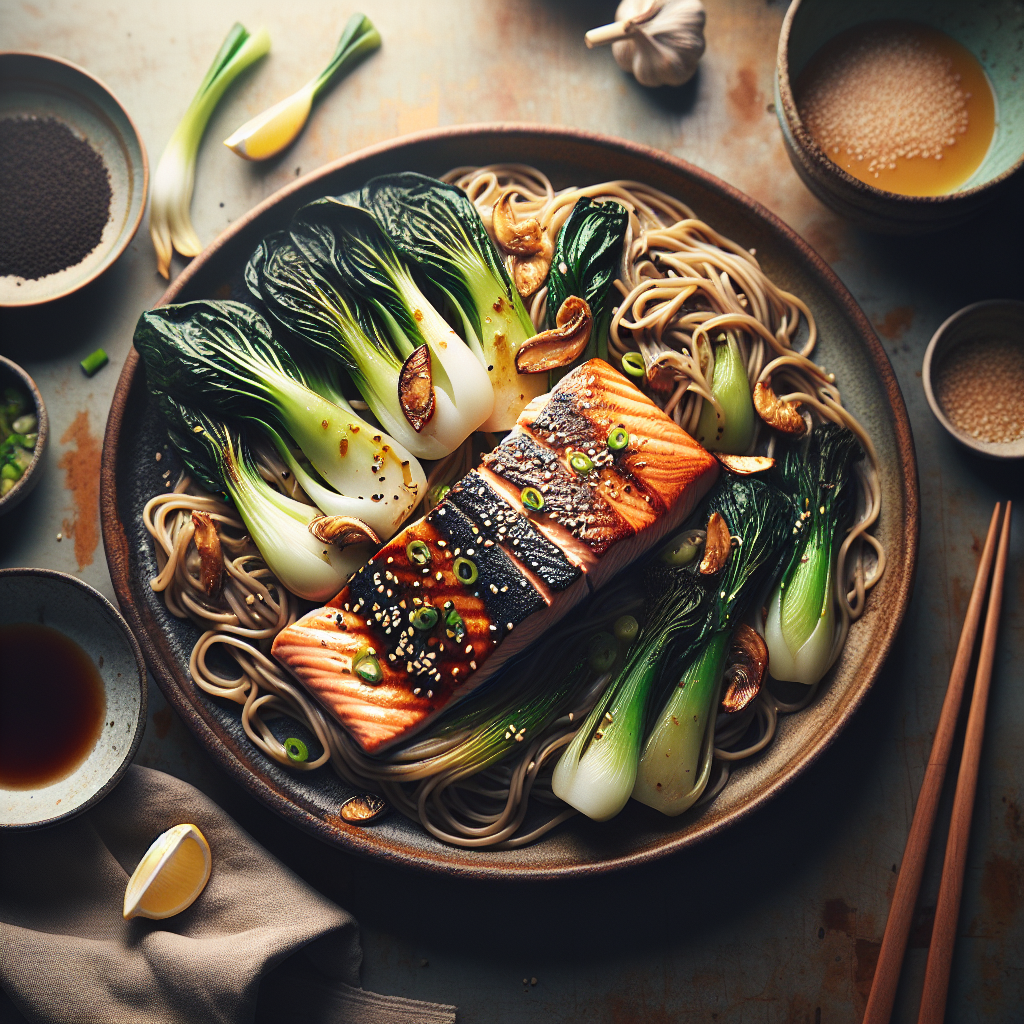 Miso-glasert bakt laks med hvitløk bok choy og sobanuddler