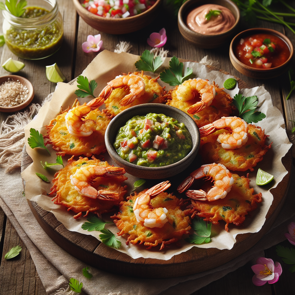 Sprø mexicanske tortitas de camarón med fersk vårsal