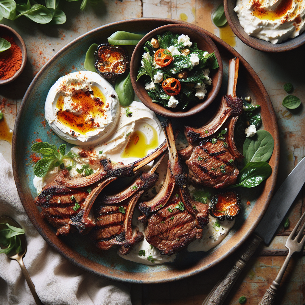 Harissa Grilled Lamb Chops with Creamy Labneh and Spring Herb Salad