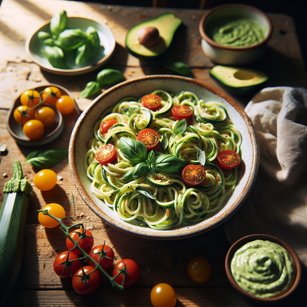 Kremet avokado-squash-nudler med frisk basilikum og kirsebærtomater