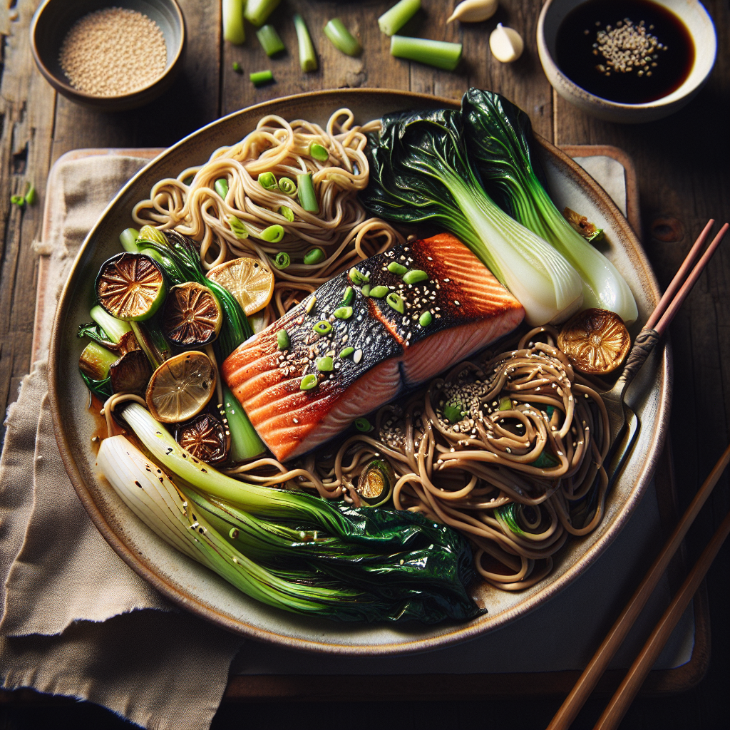 Enkel Bakstekt Laks med Hvitløk Bok Choy og Sesamsnøre Nudler