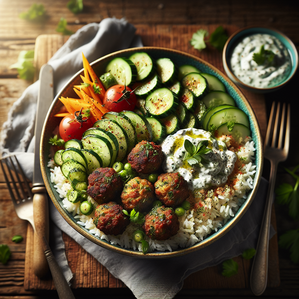 Mediterransk Kylling Kofta Risbolle med Kremet Tzatziki og Ferske Vårgønnsaker
