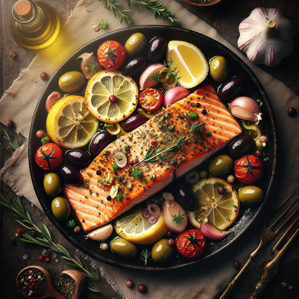 Lemon Garlic Greek Salmon with Fresh Herbs and Olives