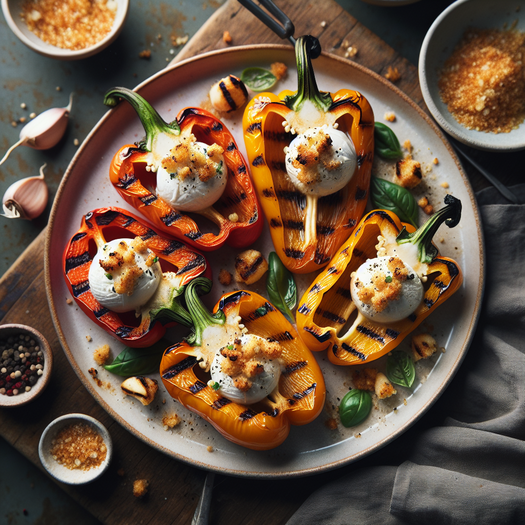 Pimentões Grelhados com Burrata Cremosa e Migalha de Pão com Alho Crocante