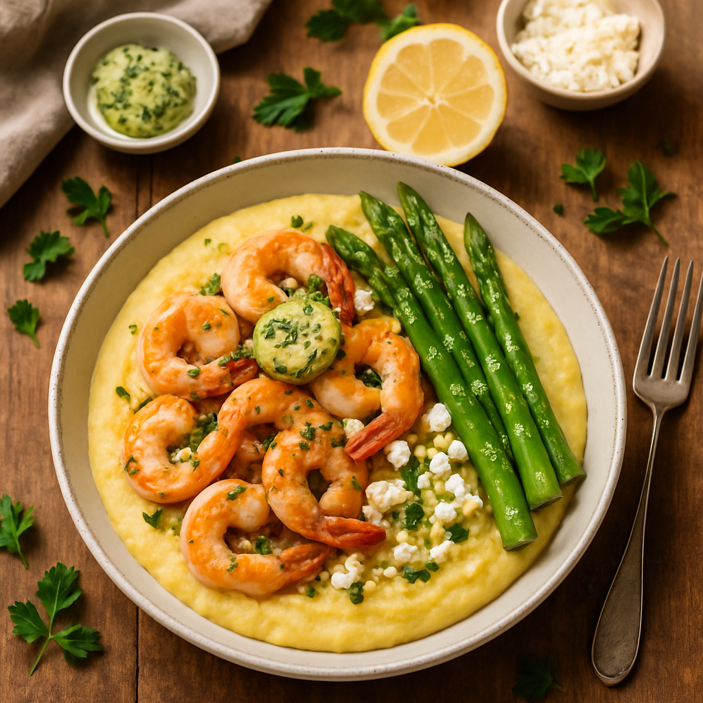 Mediterrans Reke- og Asparges Polenta Bolle med Sitron-Urtesmør