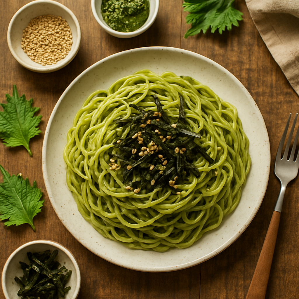 Japanese Shiso Pesto Pasta with Toasted Sesame and Nori