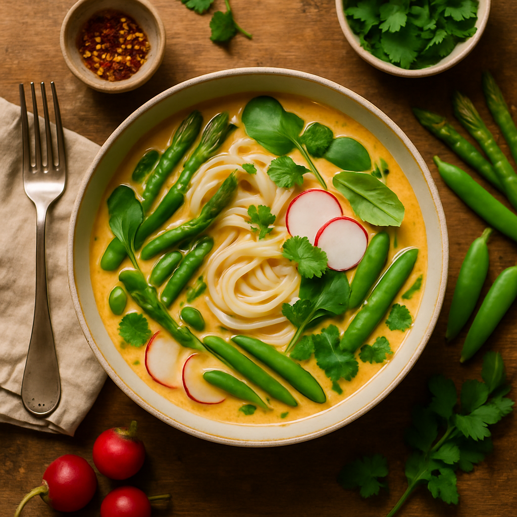 Creamy Coconut Curry Rice Noodle Bowl with Fresh Spring Vegetables