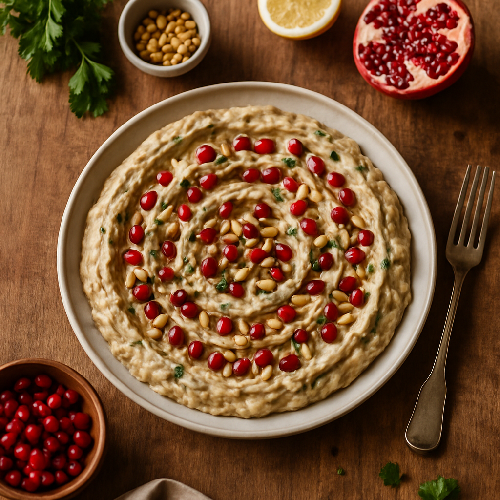 Lebanese Baba Ganoush with Pomegranate Seeds and Pine Nuts