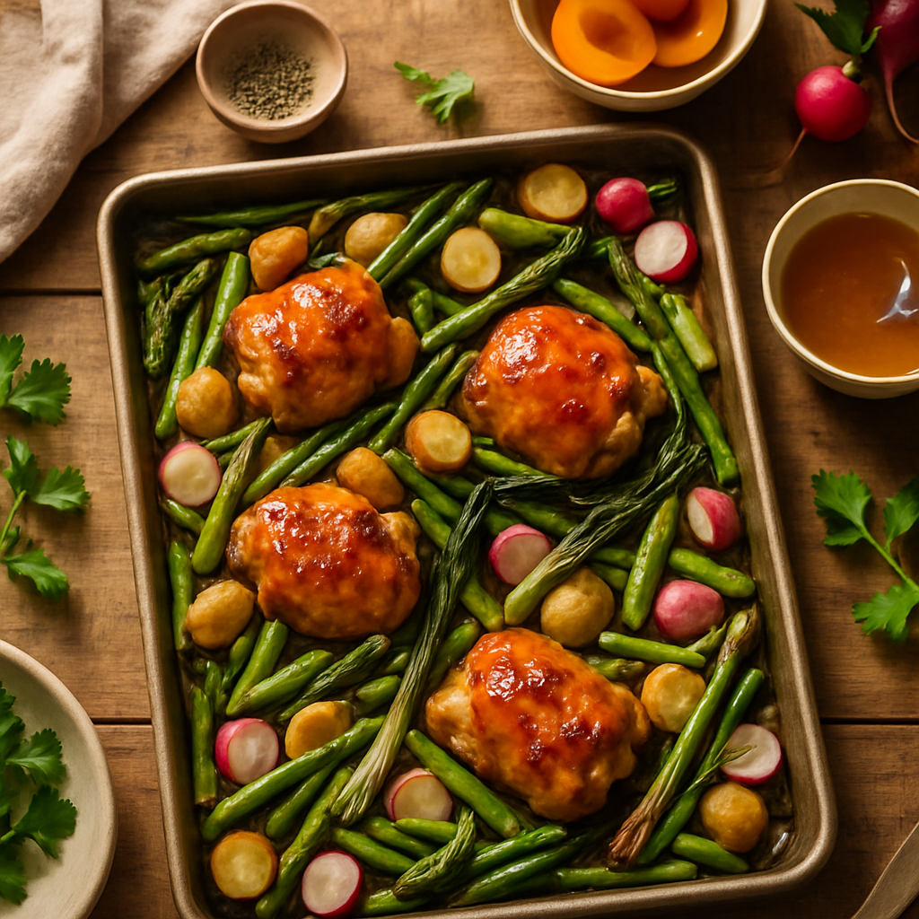 Sheet Pan Apricot Chicken with Charred Scallions and Spring Vegetables