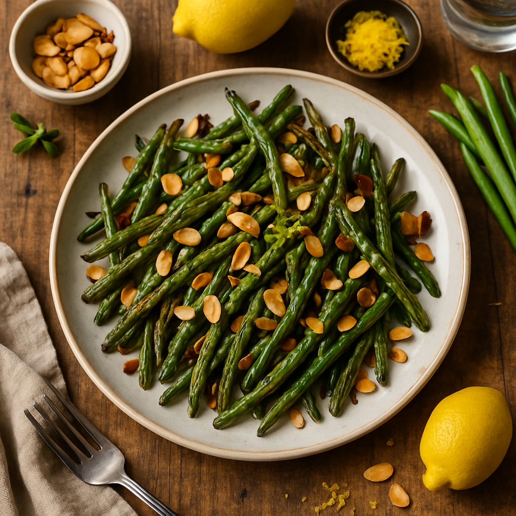 Sprø Roastede Grønne Bønner med Tostede Mandler og Frisk Sitron
