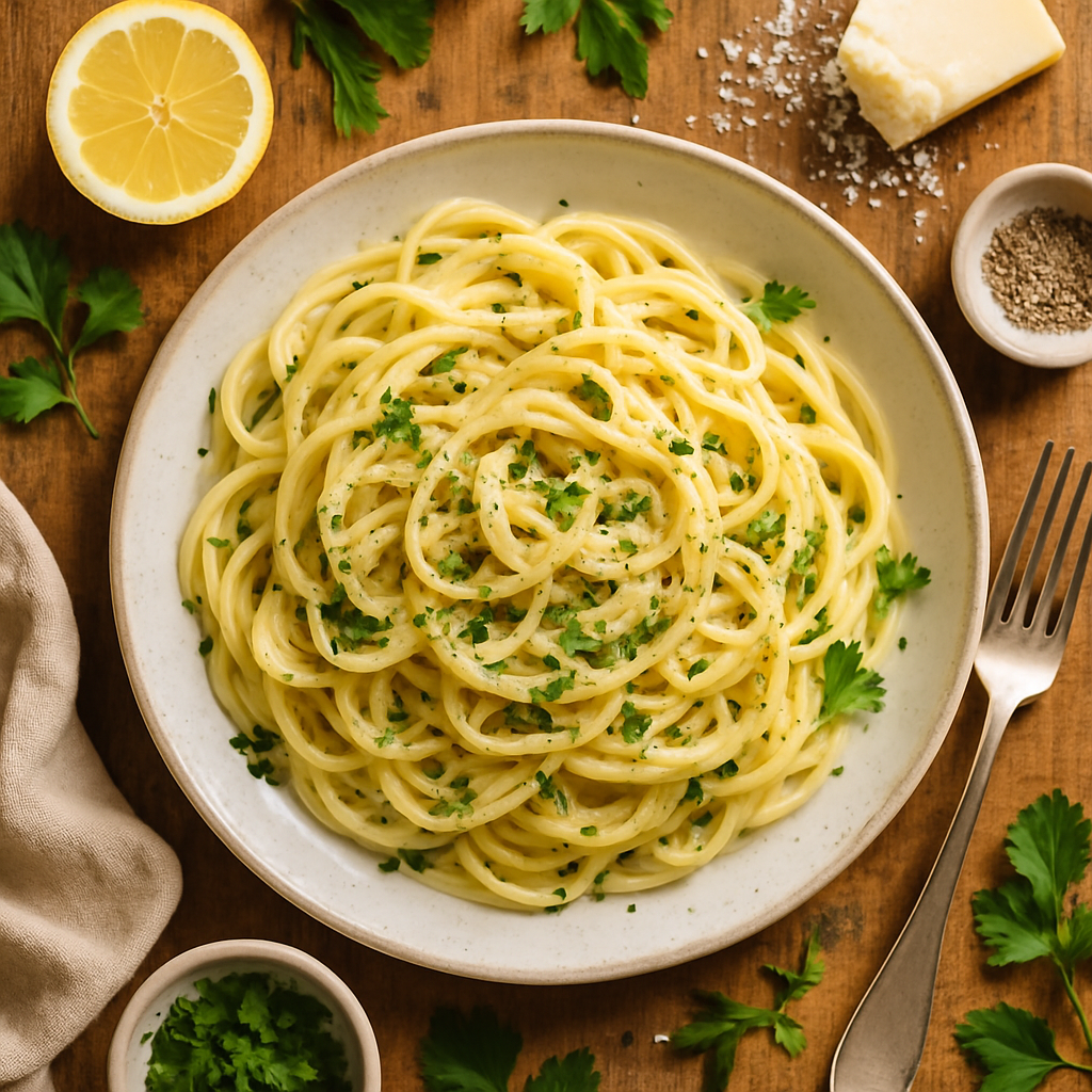 Pasta Cremosa de Limão, Manteiga e Pecorino com Ervas Frescas da Primavera